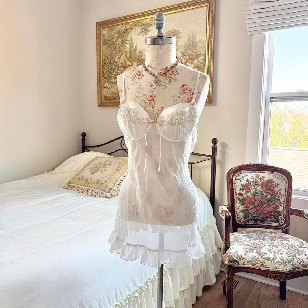 90s ivory lace trim slip dress Linea Donatella size medium‎